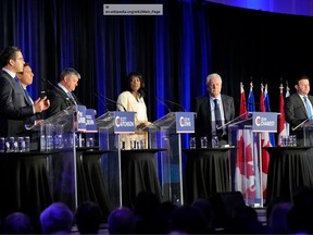 Conservative leadership candidates try to remember their French words at the French-language leadership debate in Laval, Quebec on May 25, 2022.