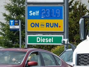 A gas station in Surrey, B.C., advertises gas for $2.31 a litre on May 17, 2022.