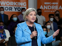 Ontario NDP leader Andrea Horwath delivers her Ontario provincial election campaign platform in Toronto on Monday, April 25, 2022.