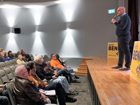 New Blue Party of Ontario Leader Jim Karahalios speaks during a campaign stop in Sarnia on May 7, 2022.