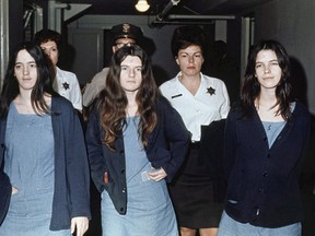 This March 29, 1971 file photo shows three female defendants in the Manson murder trial, from left, Susan Atkins, Patricia Krenwinkel and Leslie Van Houten. All three, plus Charles Manson, were convicted of murder.