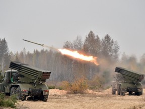 Ukrainian 122 mm MLRS BM-21 Grad fires rocket during a military exercise at a shooting range  close to Devichiki in the Kiev region on October 28, 2016.