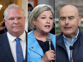 Von links: Doug Ford, Vorsitzender der progressiven Konservativen in Ontario, Andrea Horwath, Vorsitzender der NDP in Ontario, und Steven Del Duca, Vorsitzender der Liberalen in Ontario.