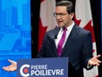 Conservative Party of Canada leadership hopeful Pierre Poilievre takes part in a debate at the Canada Strong and Free Networking Conference in Ottawa on May 5, 2022. Poilievre falls short on several fronts, writes Kelly McParland.