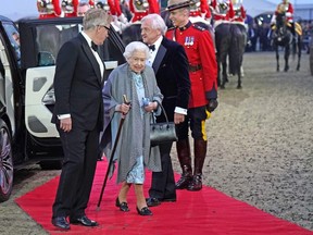 Queen Elizabeth II arrives for the "A Gallop Through History" Platinum Jubilee celebration at the Royal Windsor Horse Show at Windsor Castle on May 15, 2022.