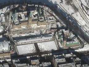 This satellite image taken by Maxar Technologies shows the Freedom Convoy protest in Ottawa in January 2022.