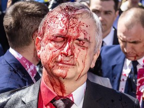 Sergey Andreev, Russia's ambassador to Poland, grimaces after he is covered with red paint in Warsaw on Monday when he tried to lay a wreath to commemorate Victory Day.