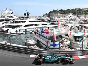 Aston Martin's Canadian driver Lance Stroll drives during the first practice session at the Monaco street circuit in Monaco, ahead of the Monaco Formula 1 Grand Prix, on May 27, 2022.