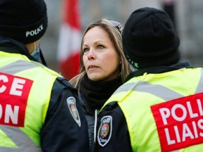 Tamara Lich, pictured during the "Freedom Convoy" protest in Ottawa earlier this year, is back in court this week, seeking a review of her bail conditions.