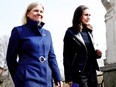 Sweden's Prime Minister Magdalena Andersson walks with Finland's Prime Minister Sanna Marin prior to a meeting in Stockholm, April 13, 2022.