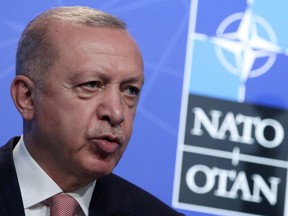 Turkey's President Tayyip Erdogan holds a news conference during the NATO summit at the Alliance's headquarters in Brussels, Belgium June 14, 2021.