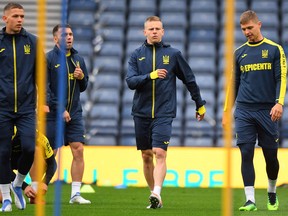 Ukraine players take part in a team training session at Hampden Park, in Glasgow, on May 31, 2022 on the eve of their World Cup 2022 qualifier football match against Scotland. Ukraine's national team hasn’t played a competitive match since November 2021.