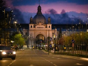 Smoke is seen in the sky following a Russian missile strike in Lviv, Ukraine, on May 3, 2022.