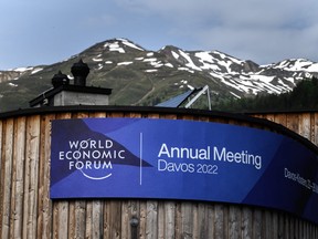 An event banner is seen on a congress centre on May 22, 2022, ahead of the World Economic Forum's annual meeting in the Swiss ski resort of Davos.