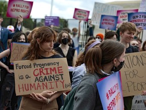 An abortion rights rally in front of the U.S. Supreme Court building in Washington, D.C., on May 5, 2022. With the U.S. on the verge of ending its constitutional protection for abortion rights, clinics in Canada are bracing for a potential influx of Americans.