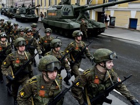 Russian military cadets take part in a rehearsal for the Victory Day military parade on Dvortsovaya Square in Saint Petersburg on May, 5.