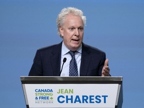 Conservative leadership candidate Jean Charest delivers remarks during a debate at the Canada Strong and Free Network conference, in Ottawa, Thursday, May 5, 2022.&ampnbsp;A former Conservative leadership candidate says expectations will be high for former Quebec premier Jean Charest when he takes the stage in his home province for the party's French-language debate this week.