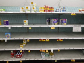 Baby formula is displayed on the shelves of a grocery store in Carmel, Ind., Tuesday, May 10, 2022. Health Canada says it will extend a temporary plan to import more baby formula from Europe and the United States, and that it's preparing for the possibility that a shortage of sunflower oil could further strain baby formula supplies in Canada.