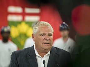 Ontario Premier Doug Ford makes a campaign stop at the Finishing Trades Institute of Ontario, in North York, Ont., On Tuesday, May 17, 2022.