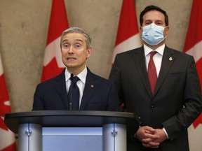 François-Philippe Champagne, Minister of Innovation, Science and Industry, and Marco Mendicino, Minister of Public Safety, hold a press conference to announce that Huawei Technologies and ZTE will be banned from Canada's 5G networks, in the West Block of Parliament Hill in Ottawa, Ontario on Thursday, May 19, 2022.