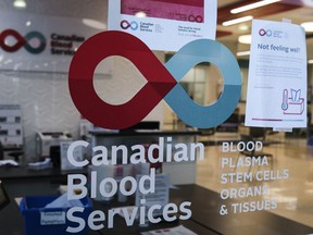 A blood donor clinic pictured at a shopping mall in Calgary, Alta., Friday, March 27, 2020.&ampnbsp;Canadian Blood Services this month recommended to Health Canada that it abolish the lifetime ban on blood donation by people who have taken money or drugs in exchange for sex.&ampnbsp;THE CANADIAN PRESS/Jeff McIntosh