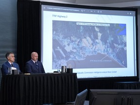 Jeff West, left, and Kevin Surette, retired RCMP staff sergeants who were critical incident commanders, provide testimony dealing with command post, operational communications centre and command decisions at the Mass Casualty Commission inquiry into the mass murders in rural Nova Scotia on April 18/19, 2020, in Dartmouth, N.S. on Wednesday, May 18, 2022. The RCMP say the commission of inquiry into the 2020 mass shooting in Nova Scotia would be violating its own rules if Mounties who have endured trauma were called to testify without some form of accommodation.