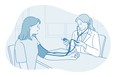 Cardiologist and measuring blood pressure concept. Young woman doctor therapist cardiologist measuring pulse and blood pressure of young woman patient in medical clinic office vector illustration