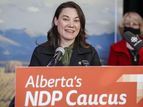 Alberta NDP MLA Shannon Phillips speaks at a news conference in Calgary on March 15, 2021. Phillips has said two Lethbridge Police Service officers should be fired after they admitted to unauthorized surveillance on her when she was a provincial cabinet minister in 2017.