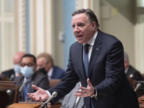 Quebec Premier François Legault responds to the Opposition during question period, at the Legislature in Quebec City, Thursday, May 12, 2022. The Quebec premier is refusing to participate in an English-language leaders debate ahead of the province's October election.THE CANADIAN PRESS/Jacques Boissinot