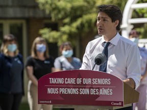 Prime Minister Justin Trudeau speaks at a media event at St. Ann's Senior Citizens' Village in Saskatoon, Wednesday, May 25, 2022.