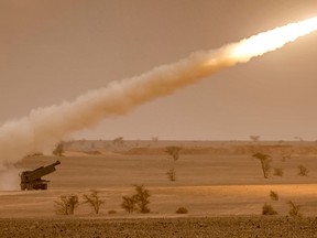 U.S. M142 High Mobility Artillery Rocket System (HIMARS) launchers fire salvoes in Morocco in 2021. The U.S. is sending HIMARS advanced multiple rocket systems to Ukraine, a US official said on May 31, 2022.