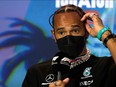 Mercedes' Lewis Hamilton during the press conference.