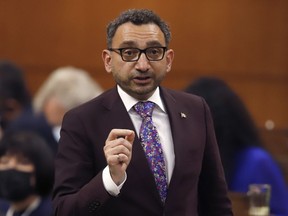 Minister of Transport Omar Alghabra rises during Question Period in the House of Commons on Parliament Hill in Ottawa on Monday, May 16, 2022. Transport Minister Omar Alghabra says he is detecting a positive "shift" in the Biden administration's approach to Canada following meetings in the U.S. capital.