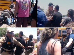 Screengraps von Livestream-Aufnahmen, die auf Twitter gepostet wurden, zeigen die Angst von Eltern, die am Dienstag vor der gesperrten Robb-Grundschule in Uvalde, Texas, mit Polizeibeamten konfrontiert wurden.