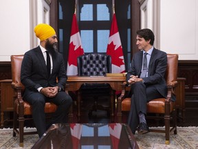 NDP leader Jagmeet Singh meets with Prime Minister Justin Trudeau on Parliament Hill in Ottawa on Thursday, Nov. 14, 2019. The prime minister appears to be rejecting a call from the NDP to hike the GST rebate and Canada Child Benefit cheques this year, noting both are already indexed to inflation.THE CANADIAN PRESS/Sean Kilpatrick