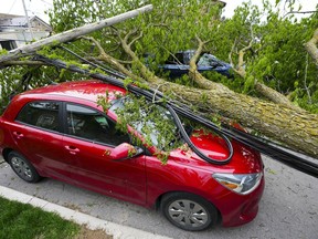 Vehicles remain crushed under trees and power lines in the Ottawa Valley community of Carleton Place, Ont. on Tuesday, May 24, 2022, after a major storm hit parts of Ontario and Quebec on Saturday leaving extensive damage.