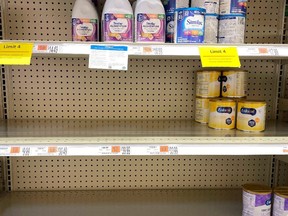 Shelves for baby and toddler formula are partially empty, as the quantity a shopper can buy is limited amid continuing nationwide shortages, at a grocery store in Medford, Mass., U.S. on May 17.