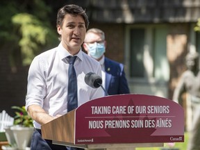 Prime Minister Justin Trudeau speaks at a media event at St. Ann's Senior Citizens' Village in Saskatoon, Wednesday, May 25, 2022.