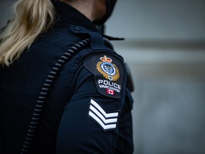 A Vancouver Police Department patch is seen on an officer's uniform in the Downtown Eastside of Vancouver, on Saturday, January 9, 2021. Vancouver police say they believe speed was a factor in a four-car collision that killed one person and sent two others to hospital Monday.