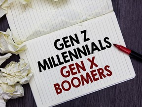 Writing note showing Gen Z Millennials Gen X Boomers. Business photo showcasing Generational differences Old Young people Marker over notebook crumpled papers pages several tries mistakes.