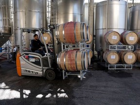 A worker transports barrels of wine at Psagot winery in the Israeli settlement of Psagot adjacent to the Palestinian West Bank city of Ramallah on November 19, 2019.