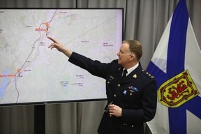 RCMP Supt. Darren Campbell discusses the timeline of events and locations of the Nova Scotia shootings at RCMP headquarters in Dartmouth, N.S. on April 24, 2020.