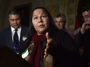 Judy Wilson, Chief of Neskonlith Indian Band and Executive Member of the Union of B.C. Indian Chiefs, speaks during a news conference on the impact of Bill C-58 on Indigenous communities, in the foyer of the House of Commons on Parliament Hill in Ottawa on December 4, 2017.