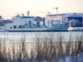MV Asterisk, a Royal Canadian Navy supply ship, is seen in the harbour in Halifax on Jan. 19, 2018.