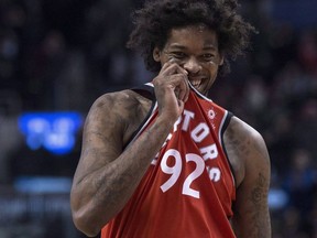 Toronto Raptors Lucas Nogueira reacts at the final buzzer after his team beat Boston Celtics 111-91 in NBA basketball action in Toronto on Tuesday February 6, 2018.The Guelph Nighthawks have signed former Toronto Raptor.