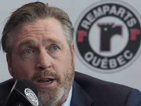 Hall of Fame goaltender Patrick Roy announces his comeback with the Quebec Remparts of the QJMHL, Thursday, April 26, 2018 at the Videotron centre in Quebec City. Still emotional over the Remparts' ouster from the Quebec Major Junior Hockey League post-season, head coach and general manager Patrick Roy says he is undecided about his future with the team.
