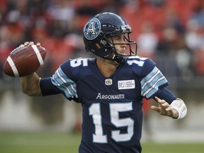 Toronto Argonauts quarterback Ricky Ray (15) prepares to make a throw during the first half of CFL football game action against the Calgary Stampeders at BMO Field in Toronto on Saturday June 23, 2018.