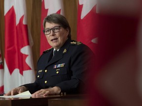 RCMP Commissioner Brenda Lucki speaks during a news conference in Ottawa, Wednesday October 21, 2020.&ampnbsp;The inquiry investigating the Nova Scotia mass shooting says it is seeking an explanation from the Department of Justice about why pages of notes from a senior Mountie were missing from the original disclosure.
