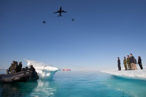 Stephen Harper in the Arctic in 2010. It’s not a great sign when you stage a show of force for the cameras and it consists of a dinghy, a Coast Guard vessel and a three aircraft fly-by.