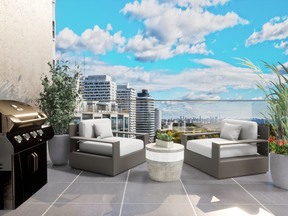 Amenity spaces include a 9th floor gym and flex-use yoga studio/ kids play area and a rooftop BBQ area with event lounge.